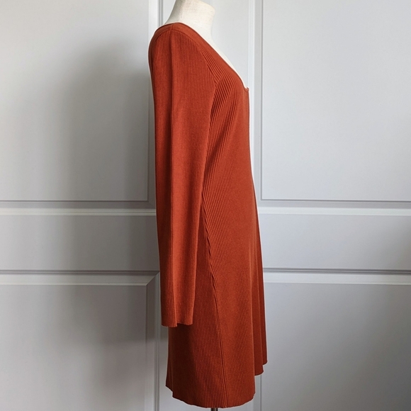 Vince Mini Dress Long Sleeve Rib Knit Square Neckline Fitted Rust Amber XL NWT - Picture 5 of 13
